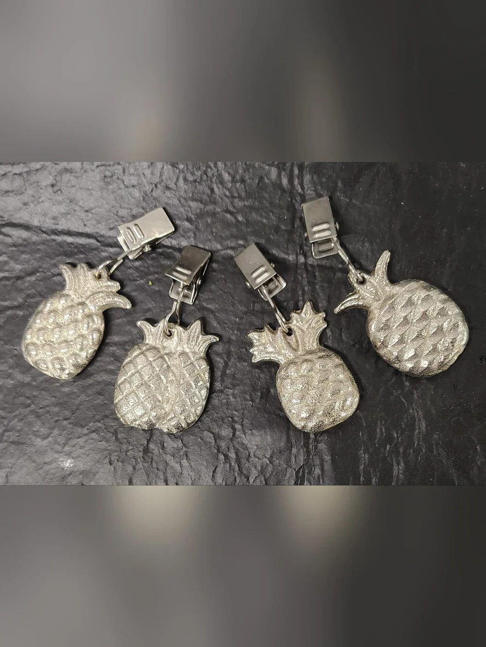 VTG Silver Pewter Pineapple Clip Tablecloth Weight Set (4) Charming Decor Accent